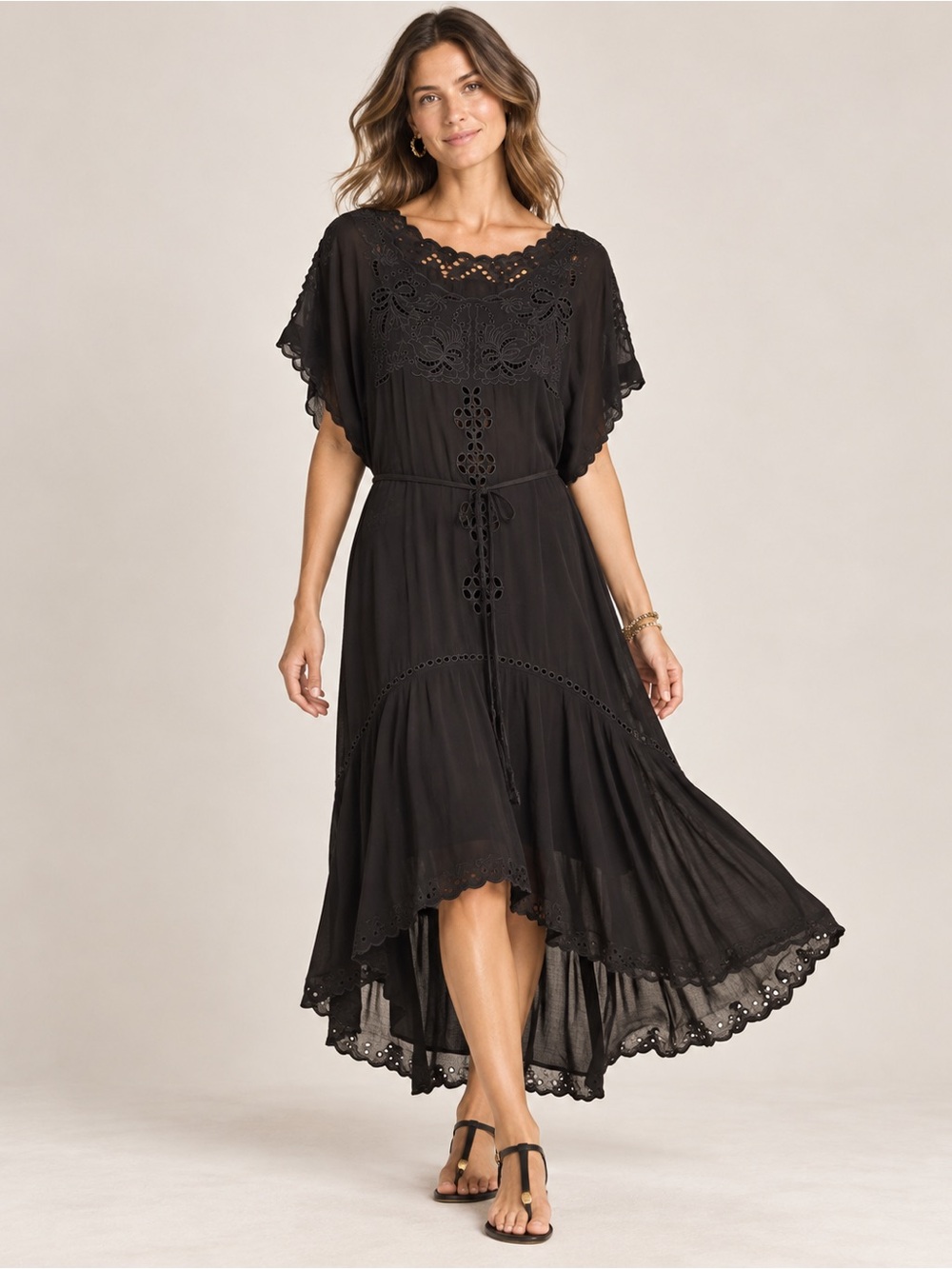 Johnny Was Black Crochet-Detail High-Low Midi Dress